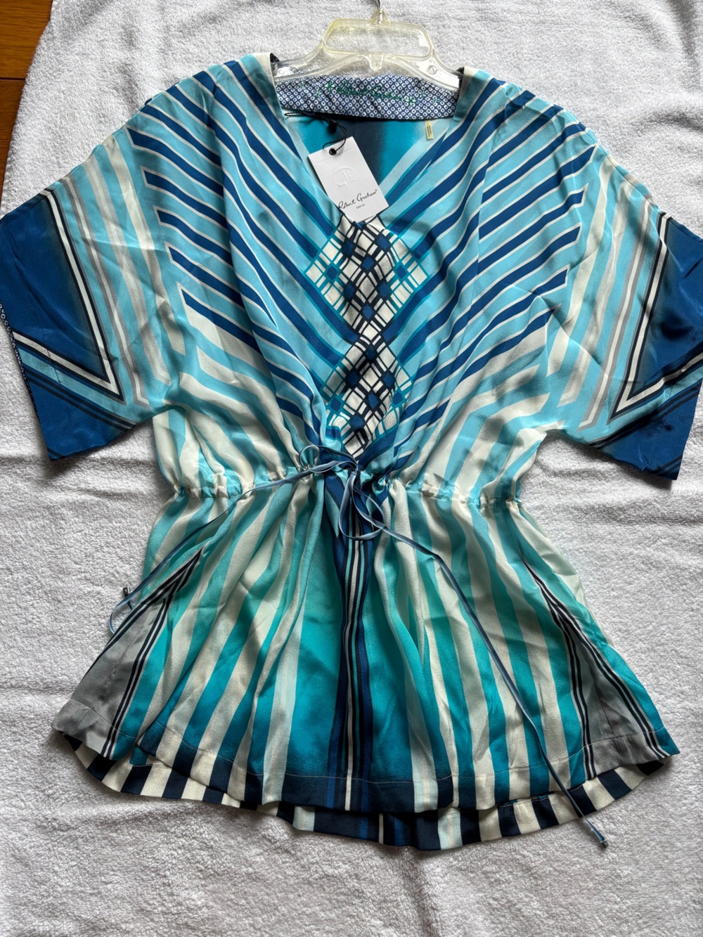 Robert Graham Blue Teal Striped V-Neck Drawstring Blouse